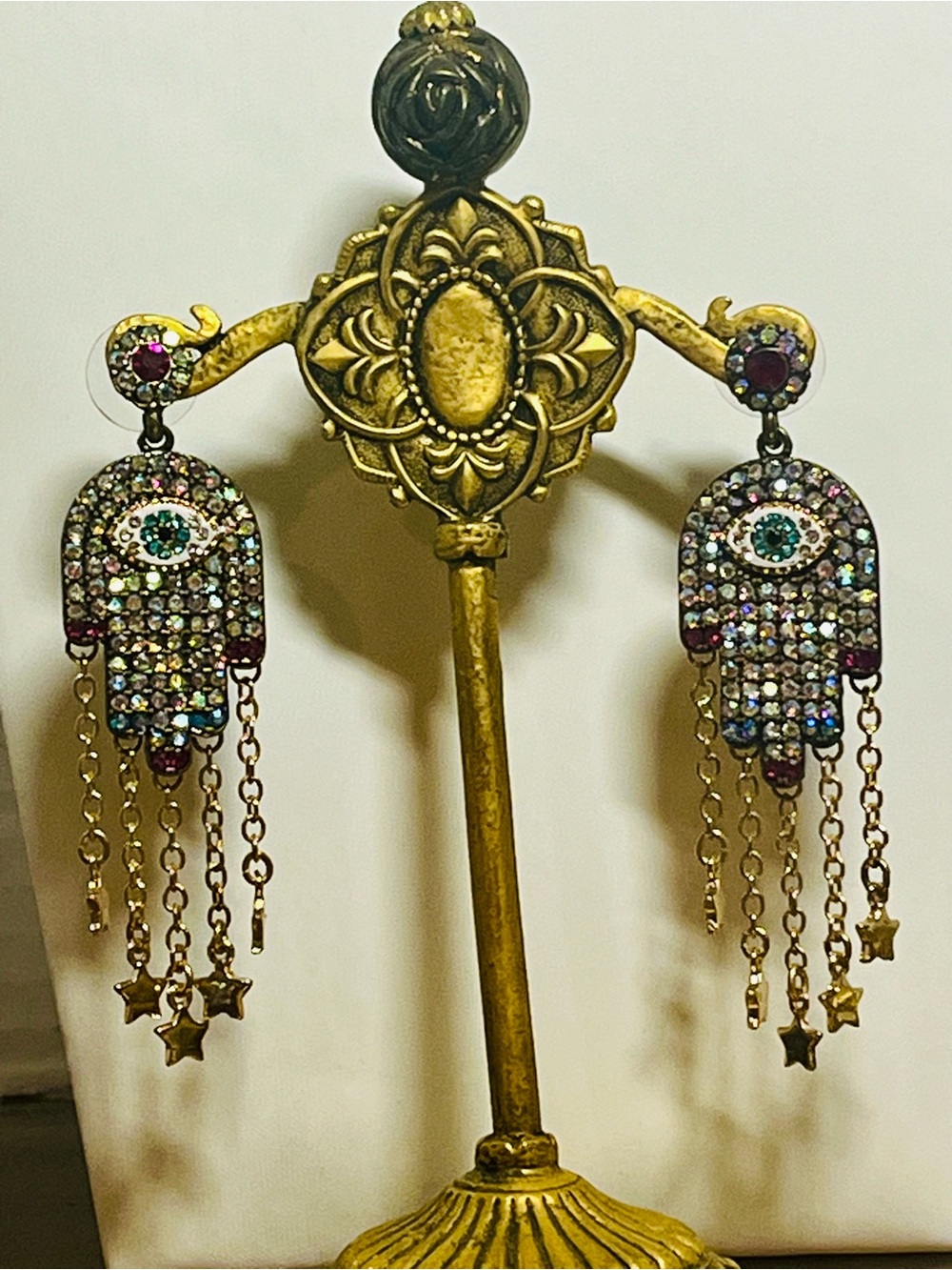 Betsey Johnson Gold Hamsa Crystal Drop Earrings with Multicolor Stones